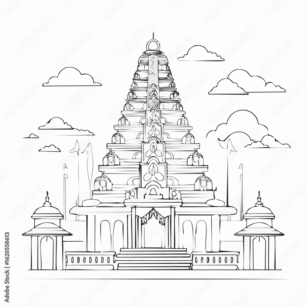 Fototapeta premium Detailed Line Art Depiction of a Traditional Temple Structure