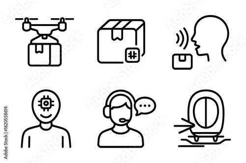 Futuristic Delivery Icons. Outline icon set of futuristic delivery tech: hover drone, smart parcel,
