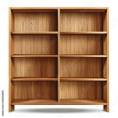 Empty Wooden Bookcase with Multiple Shelves and Vertical Grain