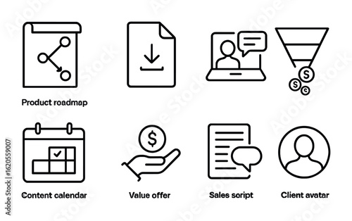 Digital Product Icons. Outline icon set of digital product creation and sales coaching: product roadmap,