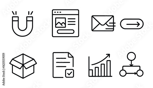 Sales Funnel Icons. Outline icon set of sales funnel strategy: lead magnet, landing page, email sequence, CTA