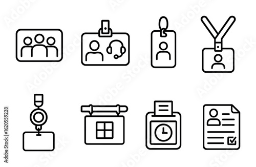 Office Badge Icons. Outline icon set of office workflow badges: team badge, support staff ID, visitor tag,