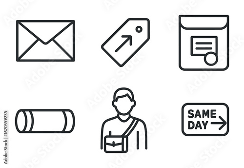 Corporate Mail Icons. Outline icon set of corporate mail services: business envelope, priority tag,