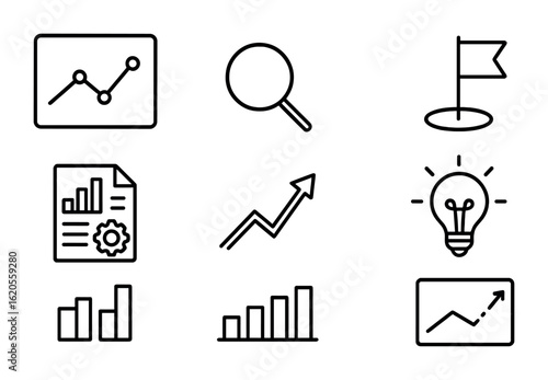 Trend Analysis Icons. Outline icon set of trend analysis: data chart, magnifying glass, industry report,