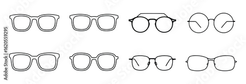 Vector art of collection of various glasses frame styles isolated on white background, showcasing different shapes and designs for eyewear fashion and optical accessories