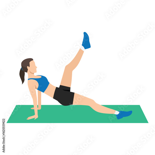 Woman performs a pilates inspired leg lift on a mat.