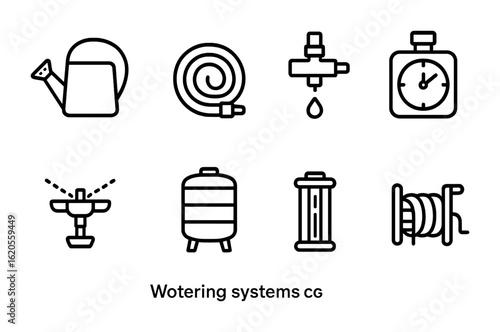 Watering Systems Icons. Outline icon set of watering systems: watering can, garden hose, drip emitter,