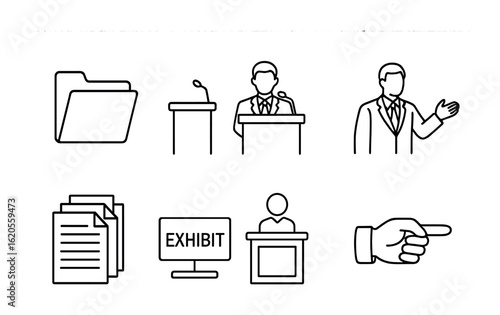 Courtroom Icon Set. Outline icon set of lawyers presenting evidence in court: evidence folder, courtroom