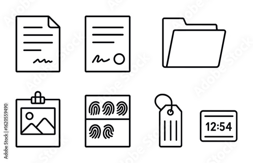 Legal Documents Icon Set. Outline icon set of legal documents and exhibits: affidavit page, signed contract,