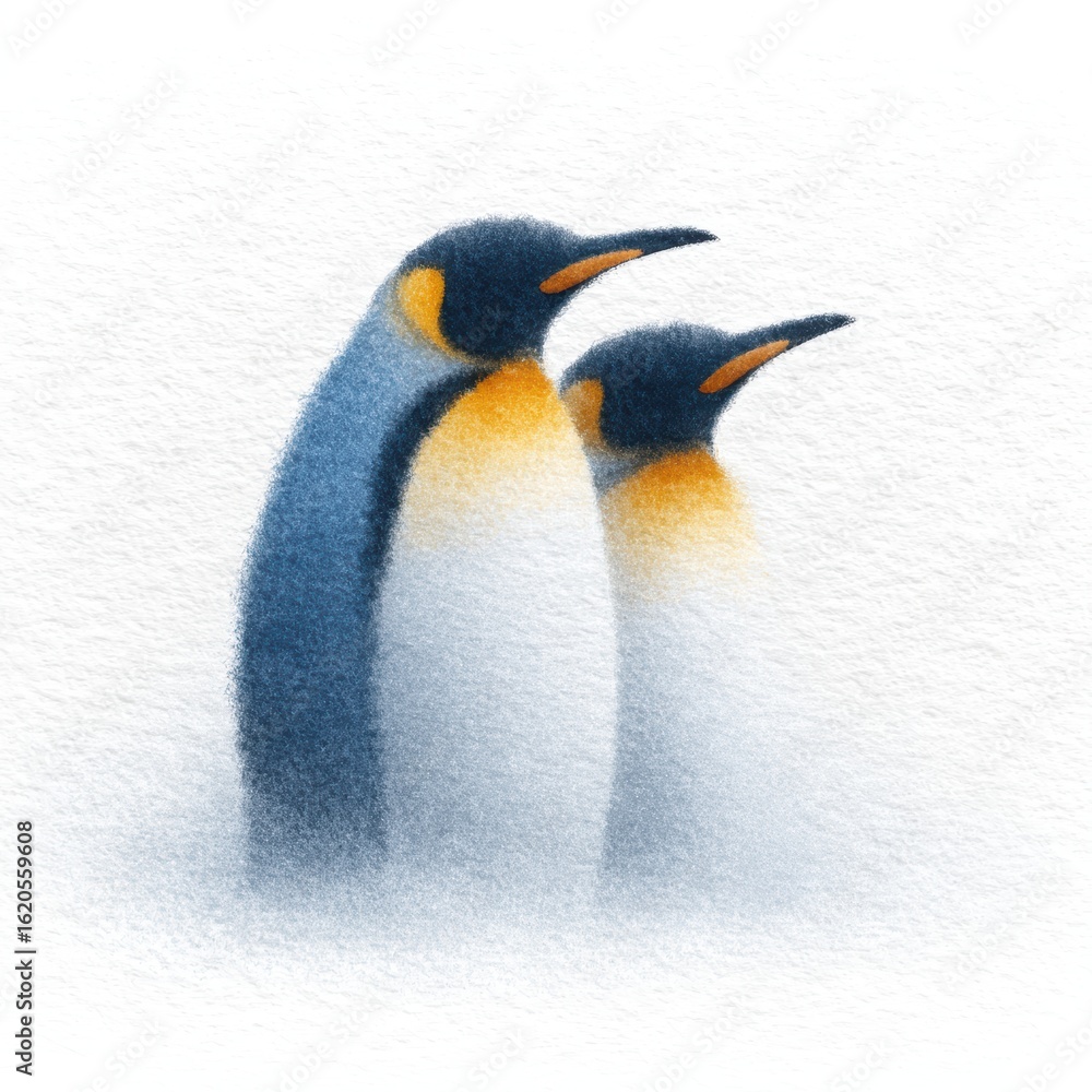 Fototapeta premium Two Adorable Penguins Standing Together in a Gentle Snowy Environment, Soft Watercolor Style