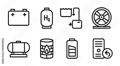 Energy Storage Icons. Outline icon set of energy storage solutions: lithium battery, hydrogen tank, pumped