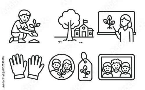 School Tree Planting Icons. Outline icon set of school tree planting: student with plant, schoolyard tree,