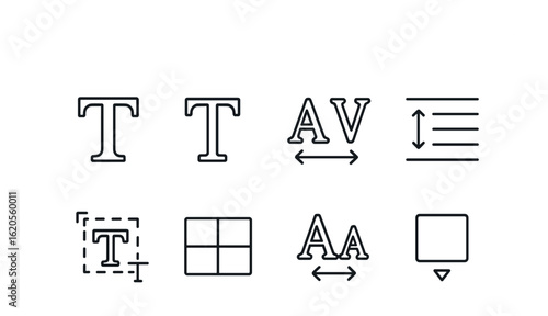 Typography Icon Set. Outline icon set of typography: serif letter, sans-serif letter, kerning icon, leading