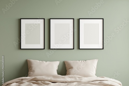 Set of three blank art prints on green wall above bed in minimalist bedroom. Soft pillows and bedding