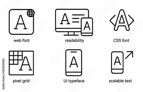 Digital Typography Icons. Outline icon set of digital typography: web font icon, screen readability,