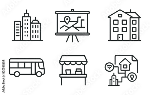 African Urbanization Icons. Outline icon set of African urbanization trends: city skyline, urban planning