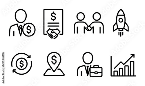 Investment Icon Set. Outline icon set of investment and partnerships: investor icon, funding contract, joint
