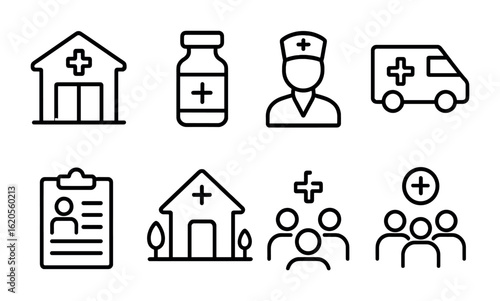 Healthcare Icon Set. Outline icon set of healthcare access and development: clinic icon, vaccine vial, health