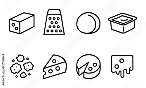 Cheese Icons Outline. Outline icon set of cheese varieties for baking: cheddar block, parmesan grate,