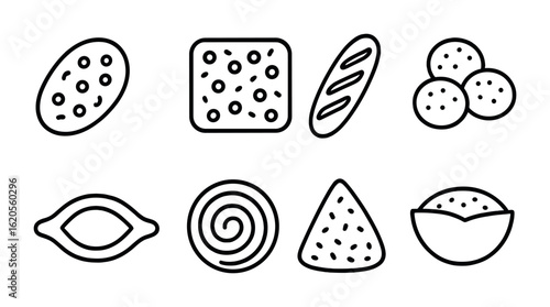Savory Bread Icons. Outline icon set of international savory breads: naan bread, cheesy focaccia, garlic