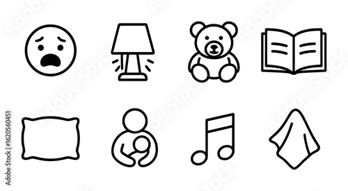 Bedtime Comfort Icons. Outline icon set of bedtime fears and comfort: scared face, nightlight, comforting toy,