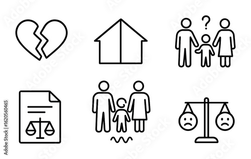 Divorce Impact Icons. Outline icon set of impact of divorce on family relationships: broken heart, divided