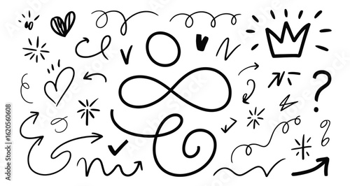 Hand-drawn doodle set with arrows, hearts, checkmarks, and symbols in black ink, ideal for annotation, sketch-style decoration, and creative presentations