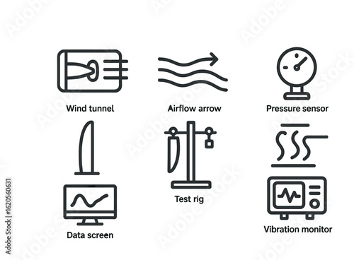 Aerodynamic Testing Icons. Outline icon set of aerodynamic testing for blades: wind tunnel, airflow arrow,