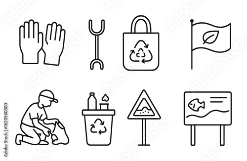 Beach Cleanup Icons. Outline icon set of beach clean-up and conservation: gloves, trash grabber, reusable bag,