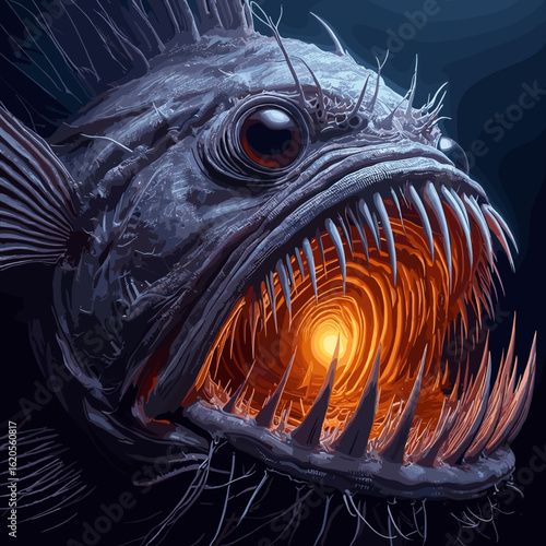 Terrifying deep-sea anglerfish with glowing lure and sharp teeth in a dark underwater environment