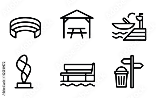 Public Space Icons. Outline icon set of public space by water: amphitheater steps, picnic shelter, water