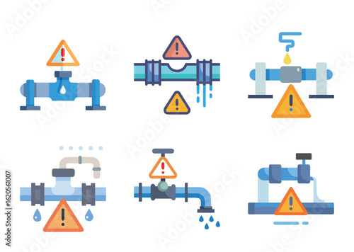 6 set icon Illustrations of Leaking Pipes with Warning Signs Indicate Problem in the System