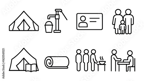 Refugee Assistance Icons. Outline icon set of refugee assistance programs: refugee camp, water pump, ID card,