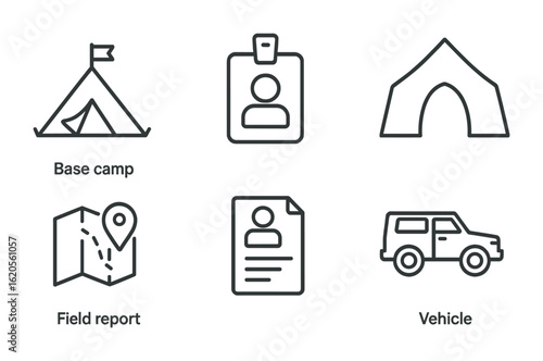 NGO Field Icons. Outline icon set of NGO field operations: base camp, team badge, operations map, meeting tent