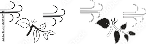 Strong wind with branch icon representing storm or heavy wind condition in weather forecast or warning graphics with transparent background