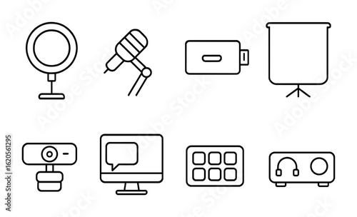 Streamer Equipment Icons. Outline icon set of streamer equipment: ring light, boom mic, capture card, green