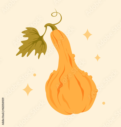 Warm illustration of a cute orange pumpkin with a green leaf on a light background with stars. Great for autumn design, print, poster, greeting card.