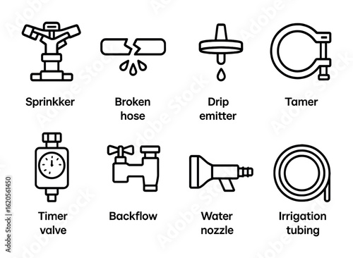 Irrigation Repair Icons. Outline icon set of irrigation system repair: sprinkler head, broken hose, drip