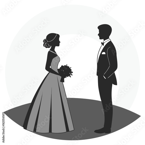 Silhouette of bride with bouquet gazes at groom standing opposite each other