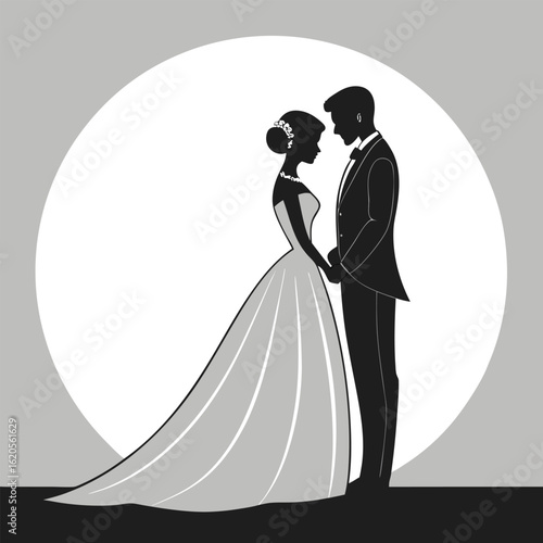 Silhouette couple dressed for a marriage ceremony are holding hands with a white circle background