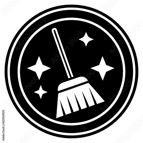 Cleaning icon with a broom and sparkles symbolizing cleanliness and hygiene, isolated on white background