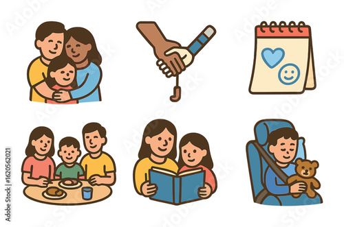 Family Support Illustrations. Flat vector mini-illustrations prosthetics and family support in colors children