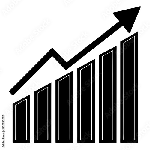 Black and white bar chart with upward trending arrow indicating financial growth and success, isolated on white background