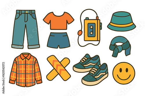 Retro Streetwear Icons. Flat vector mini-illustrations 1990s streetwear style in colors children's