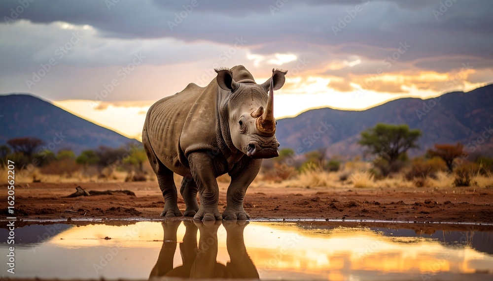 Fototapeta premium White Rhinoceros at Watering Hole at Sunset