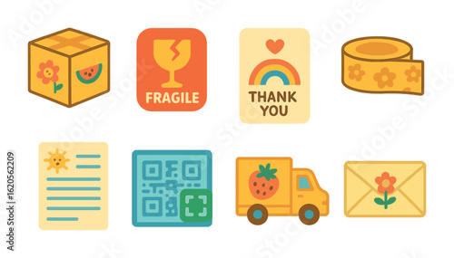 Childlike Shipping Icons. Flat vector mini-illustrations shipping box branding in colors children's