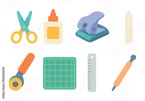DIY Craft Tools. Flat vector mini-illustrations DIY paper craft tools in colors children's illustrations: