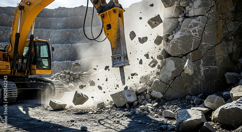 A yellow excavator uses a hydraulic hammer to break down rock in a quarry setting powerfully.