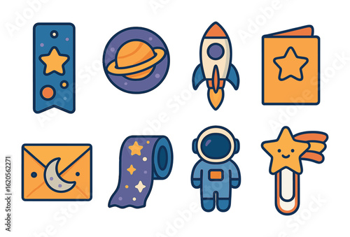 Space Stationery Icons. Flat vector mini-illustrations galaxy-inspired stationery in colors children's