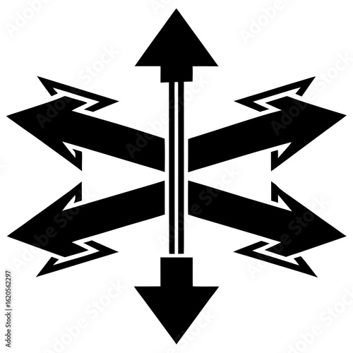 Multiple arrows pointing in different directions representing choices and decisions isolated on white background